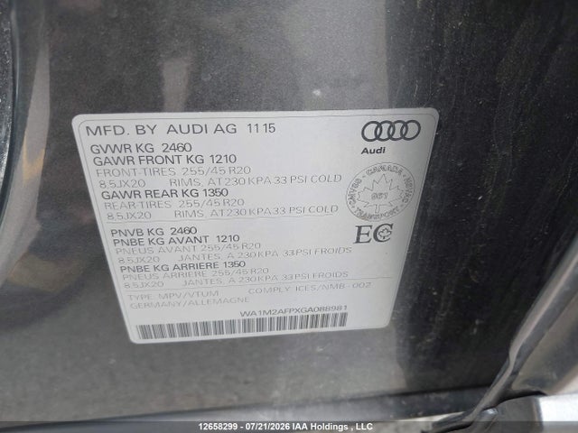 2016 Audi Q5 Progressiv/s-line მანქანა იყიდება აუქციონზე, vin: WA1M2AFPXGA088981, აუქციონის ნომერი: 12658299