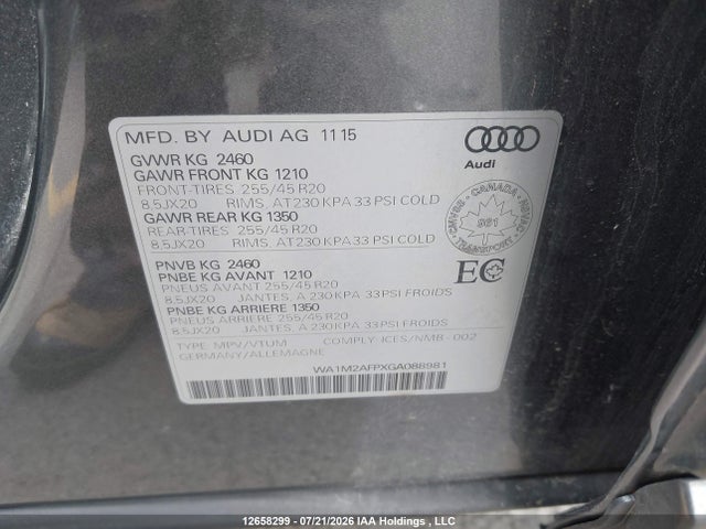 2016 Audi Q5 Progressiv/s-line მანქანა იყიდება აუქციონზე, vin: WA1M2AFPXGA088981, აუქციონის ნომერი: 12658299