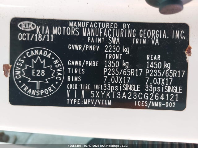 Aukcja sprzedaży 2012 Kia Sorento Lx V6, vin: 5XYKT3A23CG264121, numer aukcji: 12658308