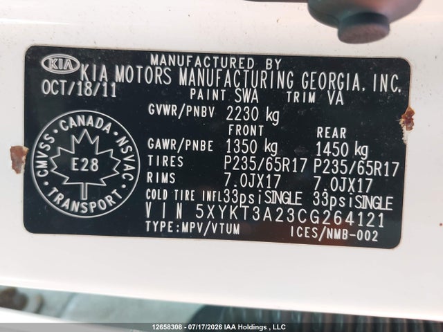 Aukcja sprzedaży 2012 Kia Sorento Lx V6, vin: 5XYKT3A23CG264121, numer aukcji: 12658308