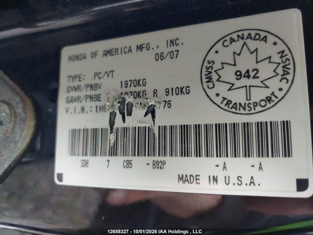 Продажа на аукционе авто 2007 Honda Accord Ex V6, vin: 1HGCM66587A802776, номер лота: 12658327