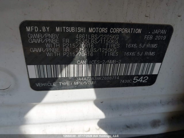 Продажа на аукционе авто 2019 Mitsubishi Outlander Es, vin: JA4AZ2A3XKZ608714, номер лота: 12658330