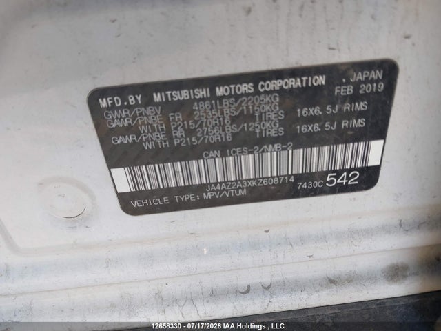 Продажа на аукционе авто 2019 Mitsubishi Outlander Es, vin: JA4AZ2A3XKZ608714, номер лота: 12658330