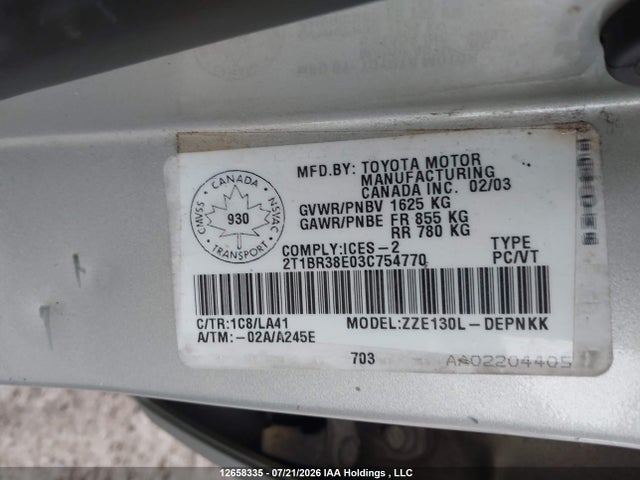Продаж на аукціоні авто 2003 Toyota Corolla Ce/le/sport, vin: 2T1BR38E03C754770, номер лоту: 12658335