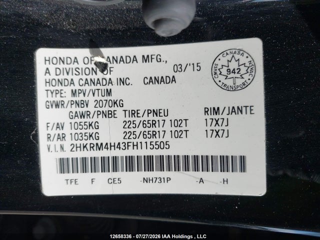 12658336 :رقم المزاد ، 2HKRM4H43FH115505 vin ، 2015 Honda Cr-v Se مزاد بيع