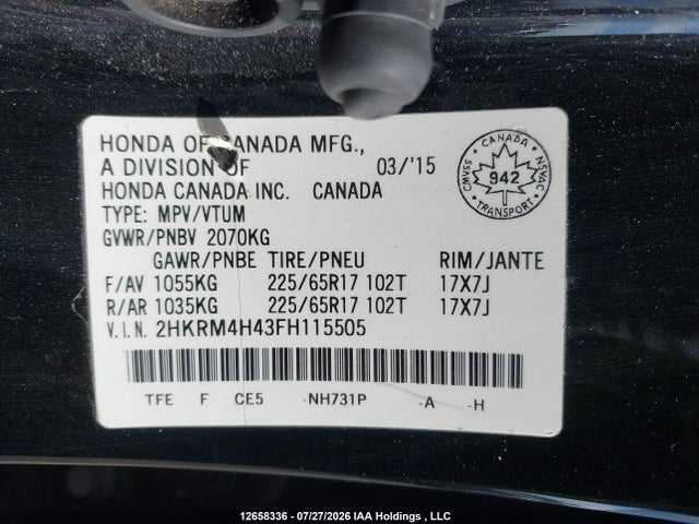12658336 :رقم المزاد ، 2HKRM4H43FH115505 vin ، 2015 Honda Cr-v Se مزاد بيع