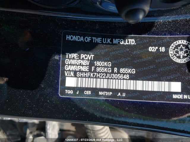 Продажа на аукционе авто 2018 Honda Civic Lx, vin: SHHFK7H22JU305648, номер лота: 12658337