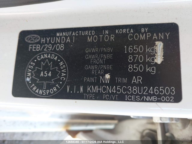 12658340 :رقم المزاد ، KMHCN45C38U246503 vin ، 2008 Hyundai Accent Gl/gls/l مزاد بيع