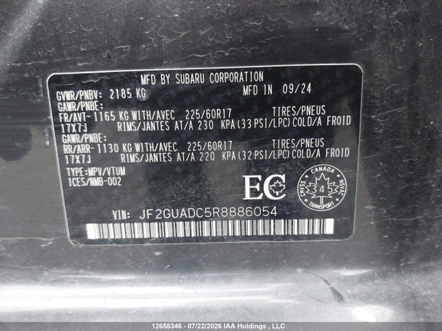 12658346 :رقم المزاد ، JF2GUADC5R8886054 vin ، 2024 Subaru Crosstrek Premium مزاد بيع