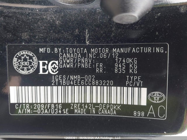 Auction sale of the 2012 Toyota Corolla Ce, vin: 2T1BU4EE6CC883220, lot number: 12658361
