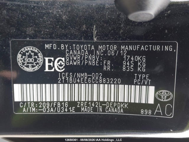 Auction sale of the 2012 Toyota Corolla Ce, vin: 2T1BU4EE6CC883220, lot number: 12658361