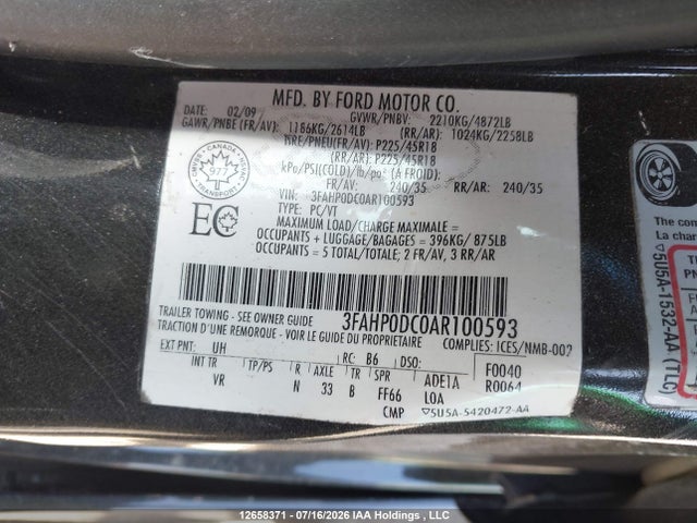 2010 Ford Fusion Sport მანქანა იყიდება აუქციონზე, vin: 3FAHP0DC0AR100593, აუქციონის ნომერი: 12658371