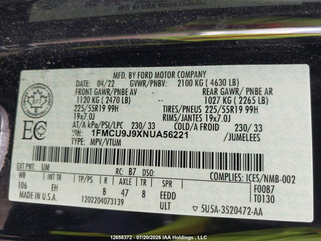 2022 Ford Escape Titanium მანქანა იყიდება აუქციონზე, vin: 1FMCU9J9XNUA56221, აუქციონის ნომერი: 12658372