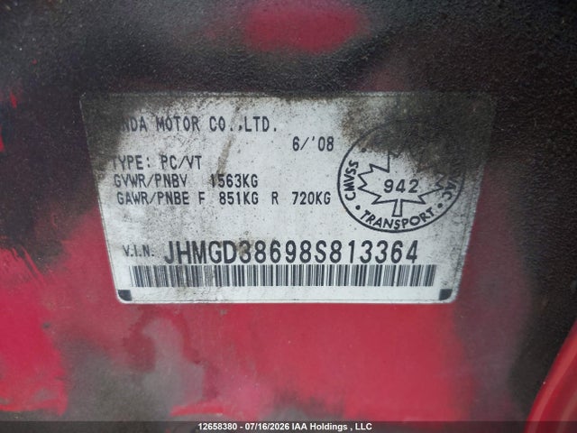 12658380 :رقم المزاد ، JHMGD38698S813364 vin ، 2008 Honda Fit Sport مزاد بيع