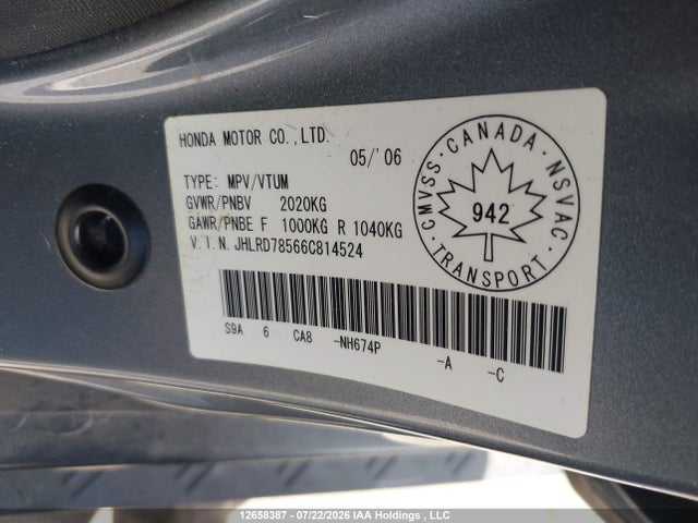 Aukcja sprzedaży 2006 Honda Cr-v Se, vin: JHLRD78566C814524, numer aukcji: 12658387