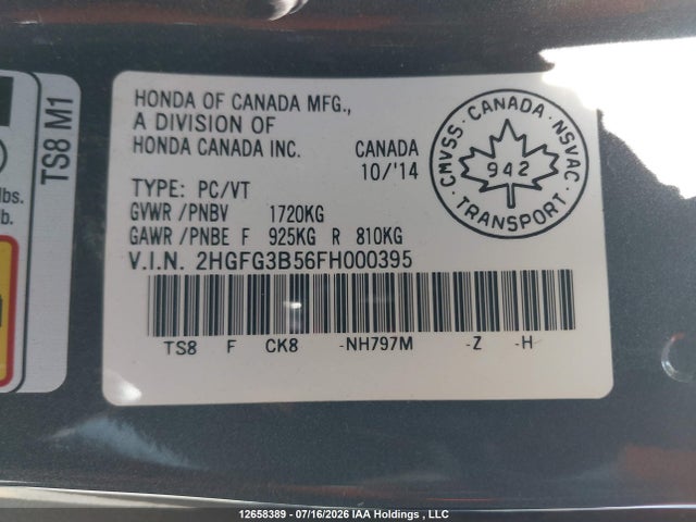 12658389 :رقم المزاد ، 2HGFG3B56FH000395 vin ، 2015 Honda Civic مزاد بيع