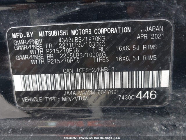 12658392 :رقم المزاد ، JA4AJVAW0MU604769 vin ، 2021 Mitsubishi Rvr Se/sel/le/gt مزاد بيع