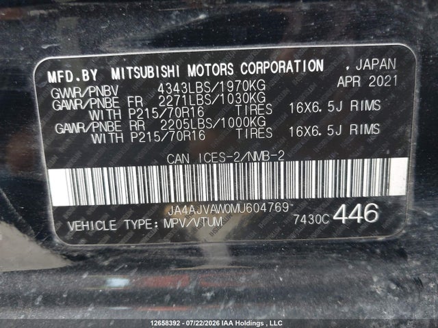 12658392 :رقم المزاد ، JA4AJVAW0MU604769 vin ، 2021 Mitsubishi Rvr Se/sel/le/gt مزاد بيع