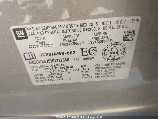 2017 Chevrolet Silverado 1500 2lz მანქანა იყიდება აუქციონზე, vin: 3GCUKSEJ8HG227856, აუქციონის ნომერი: 12658403