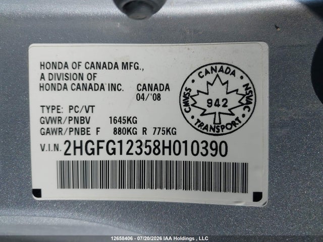 Продажа на аукционе авто 2008 Honda Civic Dx-g, vin: 2HGFG12358H010390, номер лота: 12658406