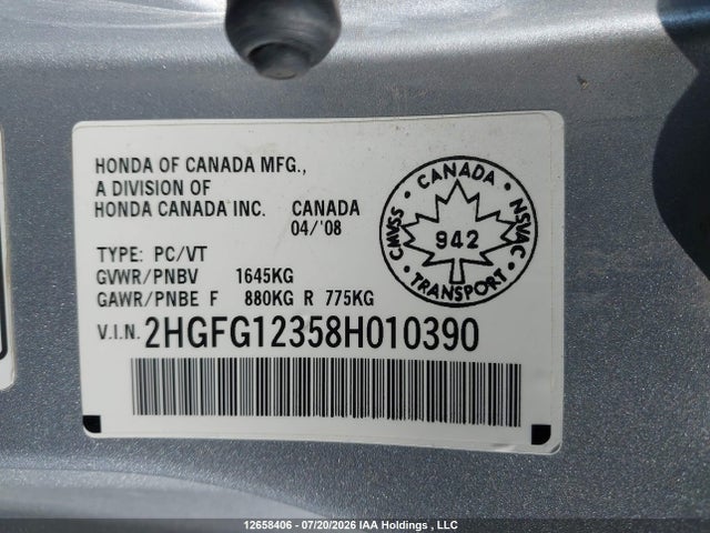 Продажа на аукционе авто 2008 Honda Civic Dx-g, vin: 2HGFG12358H010390, номер лота: 12658406
