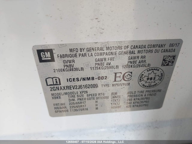 12658407 :رقم المزاد ، 2GNAXREV2J6162009 vin ، 2018 Chevrolet Equinox Ls مزاد بيع