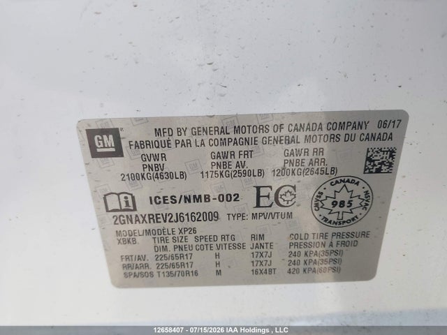 12658407 :رقم المزاد ، 2GNAXREV2J6162009 vin ، 2018 Chevrolet Equinox Ls مزاد بيع