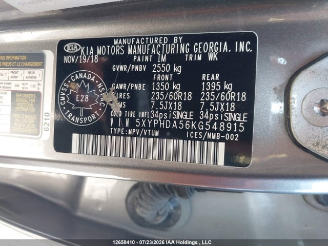 Aukcja sprzedaży 2019 Kia Sorento 3.3l Ex/3.3l Ex+, vin: 5XYPHDA56KG548915, numer aukcji: 12658410