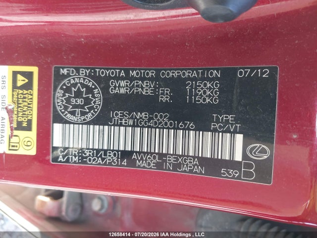 Aukcja sprzedaży 2013 Lexus Es 300h 300h, vin: JTHBW1GG4D2001676, numer aukcji: 12658414