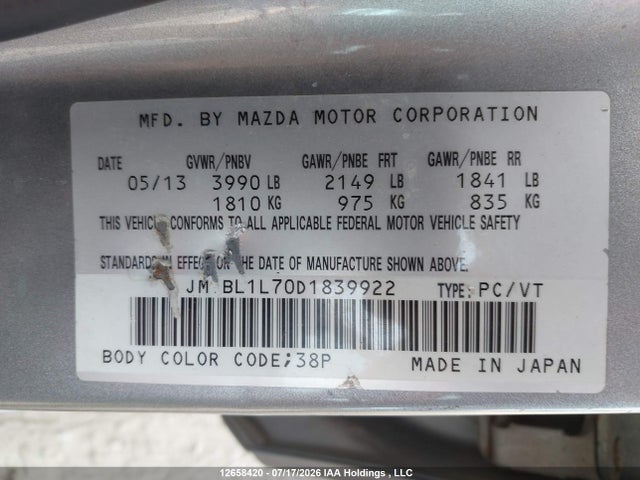 Aukcja sprzedaży 2013 Mazda Mazda3 Gs-sky, vin: JM1BL1L70D1839922, numer aukcji: 12658420