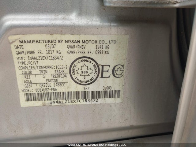 12658422 :رقم المزاد ، 1N4AL21EX7C183472 vin ، 2007 Nissan Altima 2.5/2.5s مزاد بيع