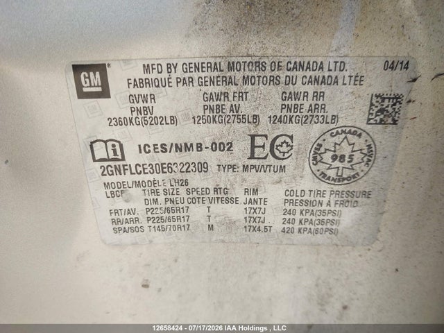 12658424 :رقم المزاد ، 2GNFLCE30E6322309 vin ، 2014 Chevrolet Equinox مزاد بيع