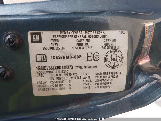 Aukcja sprzedaży 2006 Pontiac Montana Sv6 Fwd/uplevel, vin: 1GMDV33LX6D148373, numer aukcji: 12658431