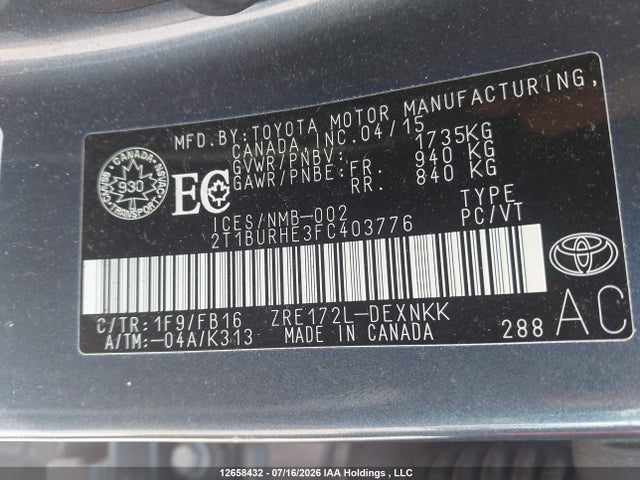 12658432 :رقم المزاد ، 2T1BURHE3FC403776 vin ، 2015 Toyota Corolla Le مزاد بيع