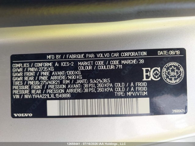 YV4A221LXL1549896 Volvo Xc90 T6 Inscription 6 Passenger