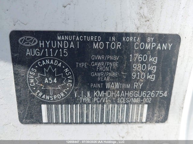 KMHDH4AH6GU626754 Hyundai Elantra Gls