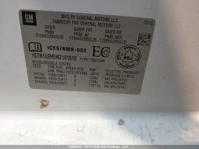 12658452 :رقم المزاد ، 1GTR1LEH5HZ101515 vin ، 2017 Gmc Sierra C1500 مزاد بيع