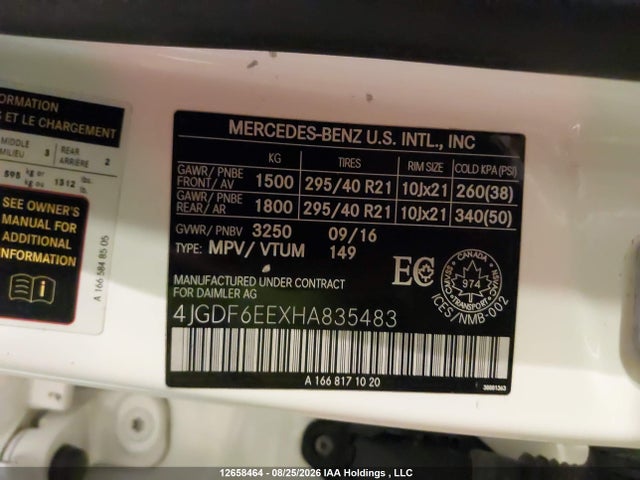 12658464 :رقم المزاد ، 4JGDF6EEXHA835483 vin ، 2017 Mercedes-benz Gls 450 4matic مزاد بيع