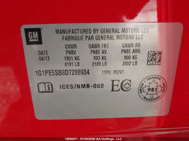 Продаж на аукціоні авто 2013 Chevrolet Cruze, vin: 1G1PE5SB8D7288934, номер лоту: 12658471