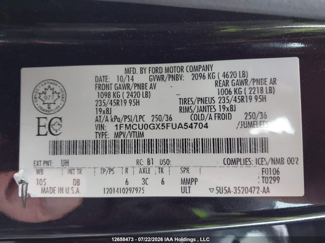 Ford Escape 2015 1FMCU0GX5FUA54704 Image 9