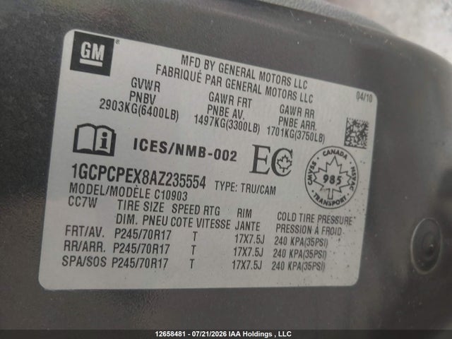2010 Chevrolet Silverado C1500 მანქანა იყიდება აუქციონზე, vin: 1GCPCPEX8AZ235554, აუქციონის ნომერი: 12658481