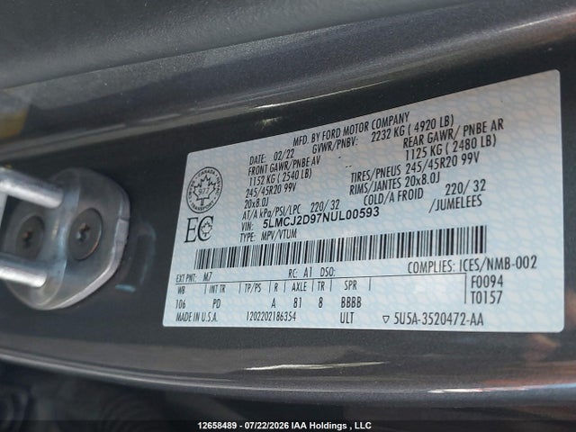 Продажа на аукционе авто 2022 Lincoln Corsair Reserve, vin: 5LMCJ2D97NUL00593, номер лота: 12658489