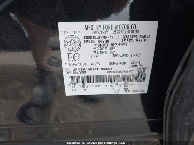 Продаж на аукціоні авто 2015 Ford Edge, vin: 2FMTK4AP9FBC00601, номер лоту: 12658492