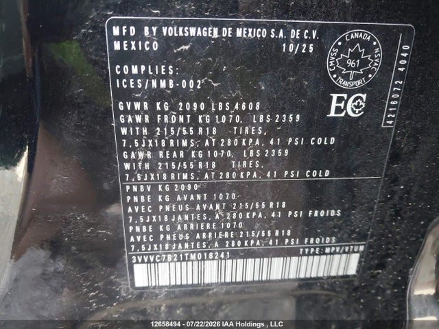 12658494 :رقم المزاد ، 3VVVC7B21TM018241 vin ، 2026 Volkswagen Taos مزاد بيع