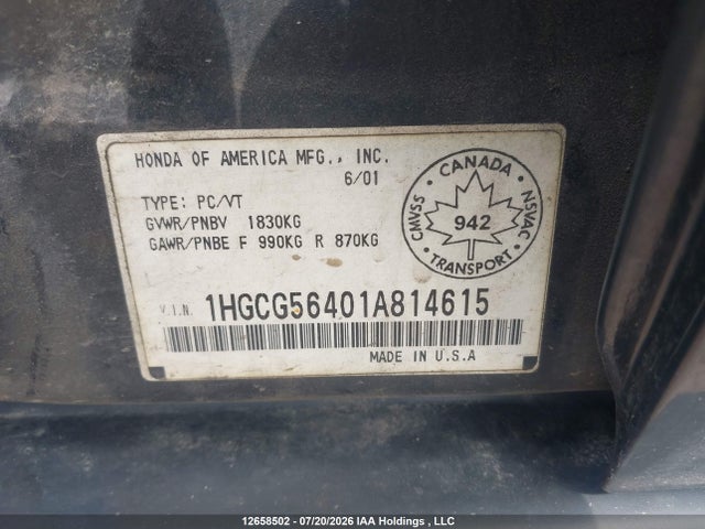Продаж на аукціоні авто 2001 Honda Accord Lx, vin: 1HGCG56401A814615, номер лоту: 12658502