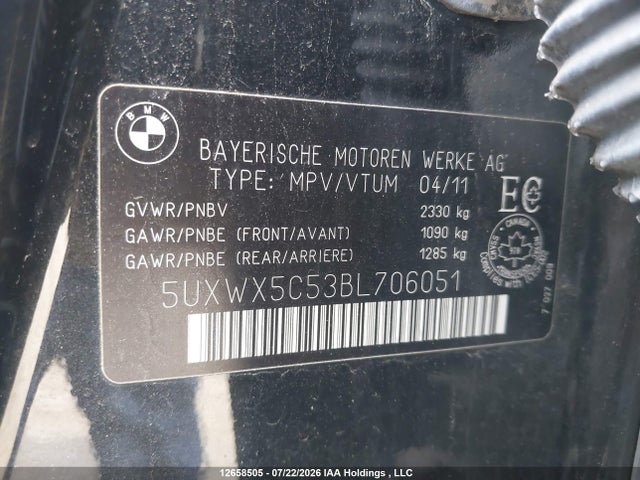 Продажа на аукционе авто 2011 Bmw X3, vin: 5UXWX5C53BL706051, номер лота: 12658505