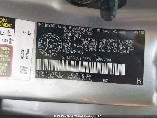 12658506 :رقم المزاد ، 5TDKK3DC3BS108282 vin ، 2011 Toyota Sienna Le 8 Passenger مزاد بيع