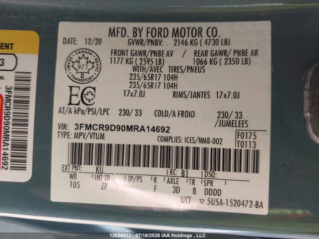 2021 Ford Bronco Sport Badlands მანქანა იყიდება აუქციონზე, vin: 3FMCR9D90MRA14692, აუქციონის ნომერი: 12658512