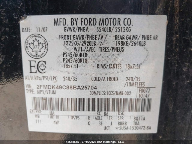 2008 Ford Edge Limited მანქანა იყიდება აუქციონზე, vin: 2FMDK49C88BA25704, აუქციონის ნომერი: 12658515