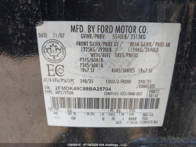 2008 Ford Edge Limited მანქანა იყიდება აუქციონზე, vin: 2FMDK49C88BA25704, აუქციონის ნომერი: 12658515